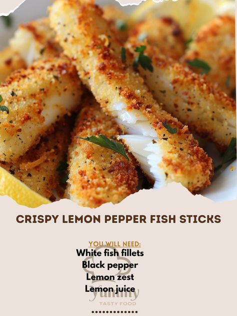 🌟 Try our crispy and zesty Lemon Pepper Fish Sticks! 🍋✨ #LemonPepperFish #CrispyGoodness Crispy Lemon Pepper Fish Sticks Ingredients: White fish fillets, cut into sticks (1 lb) Lemon zest (1 tbsp) Lemon juice (2 tbsp) Black pepper (1 tsp) Salt (to taste) Flour (1 cup) Eggs, beaten (2) Panko breadcrumbs (1 cup) Vegetable oil (for frying) Instructions: Season fish sticks with lemon zest, lemon juice, black pepper, and salt. Dredge fish sticks in flour, dip in beaten eggs, and coat with pank... Salt And Pepper Fish, Lemon Pepper Fish, Fish Fillets, Fish Sticks, White Fish, Frying Oil, Fish Fillet, Lemon Pepper, Lemon Zest