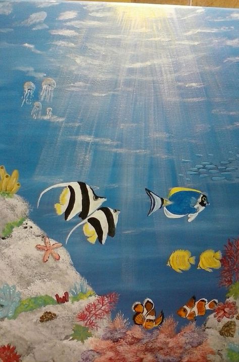 Paintings Of Fish Acrylics, Under The Ocean Painting, Ocean Scene Painting, Under Water Painting, Aquarium Painting, Under The Sea Painting, Surfboard Painting, Beach Mural, Underwater Ocean