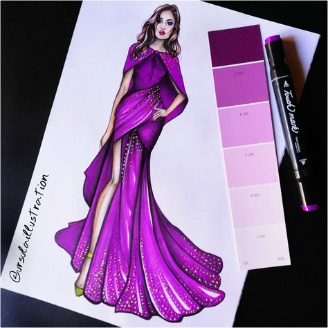 Purple inspired fashion illustration look ❤️ by @ursulaillustration Purple Dress Illustration, Old Fashion Drawing, Fashion Drawing Ideas, Fashion Illustration Face, Áo Blu, Fashion Illustration Tutorial, Fashion Design Drawing, Purple Outfit, Fashion Design Books