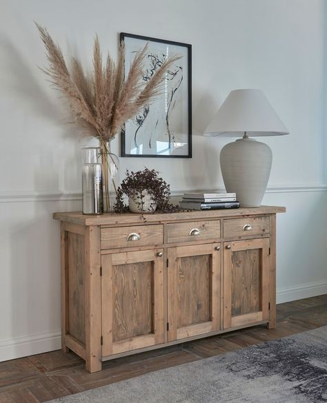 Arighi Bianchi on Instagram: “Is there anything better than neutral tones & organisation all in one place?...⁠ ⁠ Shop our Indiana Sideboard (SKU 289419) in our sale…” How To Style A Hallway Cabinet, Rustic Bedrooms, Hall Ways, Sideboard Styles, Entry Room, Rustic Sideboard, Luxurious Dining Room, Sideboard Decor, Black Armchair