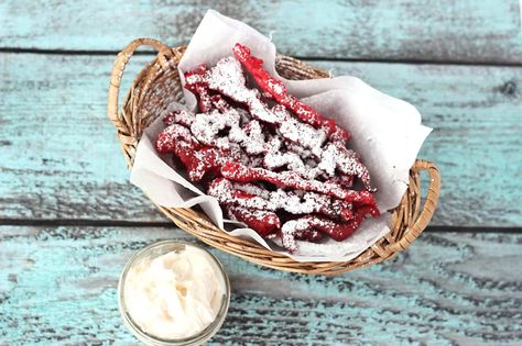 Dessert Fries, Red Velvet Funnel Cake, Funnel Fries, Food Truck Desserts, Funnel Cake Fries, Red Velvet Desserts, Farm Recipes, Funnel Cake Recipe, Fried Dessert