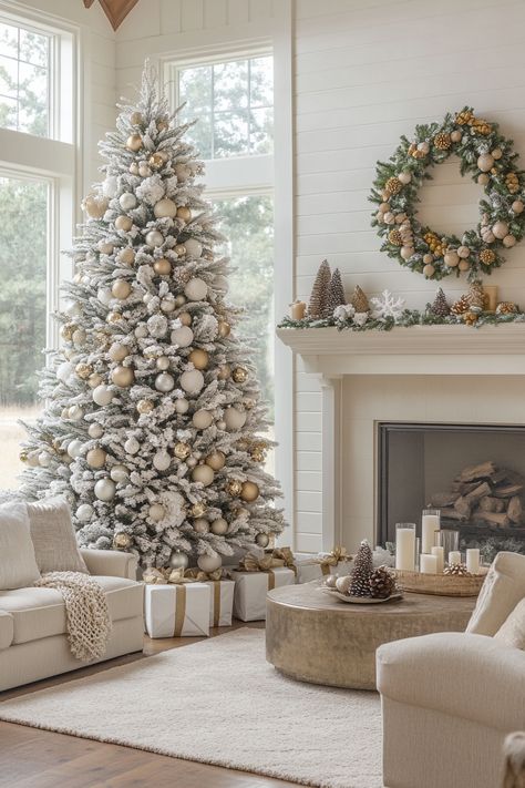 Transform your space with stunning Christmas home decor. This elegant tree and cozy fireplace setup brings a festive touch to any room. Perfect for creating a warm, inviting atmosphere during the holidays. #HolidayDecor #FestiveHome #ChristmasHomeDecor Aesthetic Living Room Christmas, Luxury Christmas Decor Interior Design, Living Room Christmas Decorations, Luxury Christmas Decor, Living Room Christmas, Apartment Christmas, Tree Inspiration, Cozy Christmas Decor, Christmas Apartment