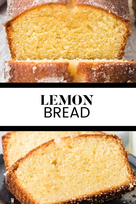 Two image collage of lemon bread. First image is the bread with a few slices off the end. Second image is the lemon bread slices on a plate. Best Lemon Bread Recipe, Lemon Bread Recipe, Easy Lemon Bread, Lemon Bread Recipes, Simply Stacie, Frozen Lemon, Lemon Bread, Sweet Cornbread, Lemon Flavor