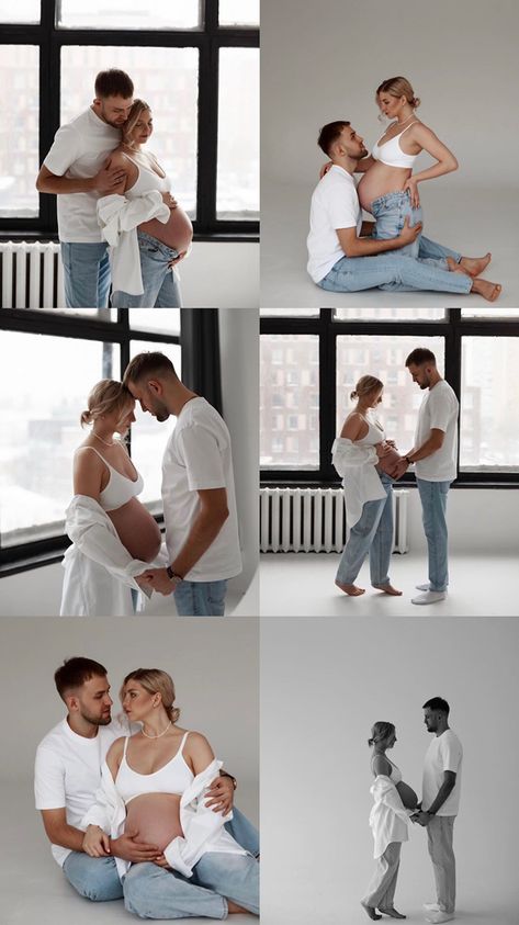 Maternity Photography Home Ideas, White T Shirt Maternity Shoot, White Top And Jeans Maternity Shoot, Maternity Photo Shoot Ideas Couples Studio, Jeans And Sports Bra Maternity Shoot, White Studio Maternity Shoot, Maternity Photography White Background, Pregnancy Pictures With Husband, Maternity Photo Shoot Jeans