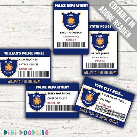 Printable police name badge, ideal for pretend play or a police party. The text can be changed in Adobe Reader, allowing buyers to instantly download their purchase and create their I.D. badges. Two I.D. tag sizes are included; 3.5 by 2 and 2 by 3.5. It is recommended that you print the Police Themed Birthday Party, Police Theme Party, Police Birthday Party, Police Party, Police Birthday, Dramatic Play Preschool, Police Shirts, Birthday Text, Birthday Badge