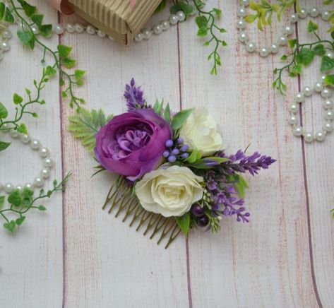 Plum Wedding Flowers, Wedding Flower Comb, Bridal Flower Comb, Wedding Flower Hair Pieces, Flower Headpiece Wedding, Violet Wedding, Floral Hair Pieces, Flower Hair Pieces, Floral Comb