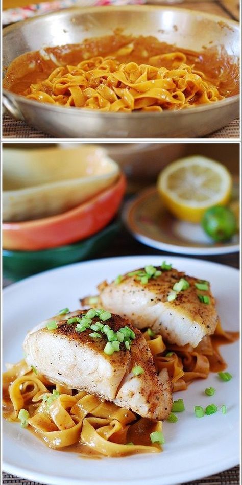 collage of 2 photos - Asian Black Cod with Peanut Sauce Fettuccine Noodles Asian Fish, Peanut Sauce Noodles, Homemade Peanut Sauce, Cod Fish Recipes, Fettuccine Noodles, Thai Peanut Sauce, Drunken Noodles, Black Cod, Pad Thai Recipe