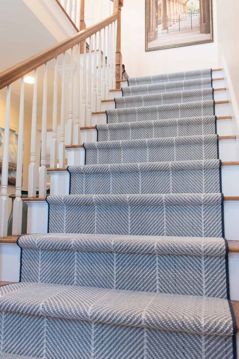 Blue Herringbone Stair Runner, Beach House Carpet Stairs, Stark Carpet Stair Runner, Blue Carpet On Stairs, Nautical Stair Runner, Stair Runner Blue, Plaid Stair Carpet, Beach House Stair Runner, Basement Stairs Carpet Ideas