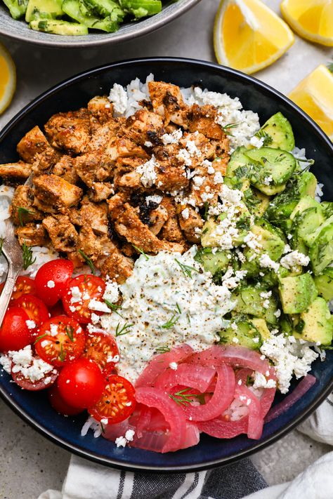 Chicken Bowl Recipe Healthy, Kalefornia Kravings, Plan For Summer, Tzatziki Chicken, Easiest Dinner, Yogurt Marinated Chicken, Marinated Chicken Thighs, Homemade Tzatziki Sauce, Chicken Bowls