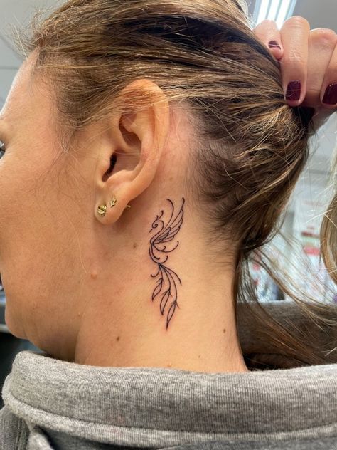 Crazy Tattoos For Women, Small Phoenix Tattoos Behind Ear, Phoenix Ear Tattoo, Pheonix Tattoo Behind The Ear, Behind The Ear Phoenix Tattoo, Phoenix Tattoo Behind Ear, Phoenix Rising Tattoo For Women, Forarm Tattoos Women Unique, Phenix Tattoo For Women