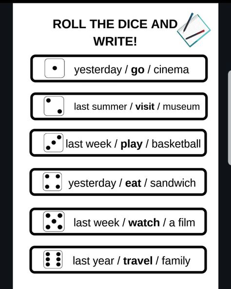@myclassyourclass on Instagram: “Writing tips! Roll the dice and write sentences in Simple Past.” 2024 Writing, Dice Activities, Story Dice, Roll A Story, Simple Past, Grammar Games, Past Simple, Class Games, Question Game