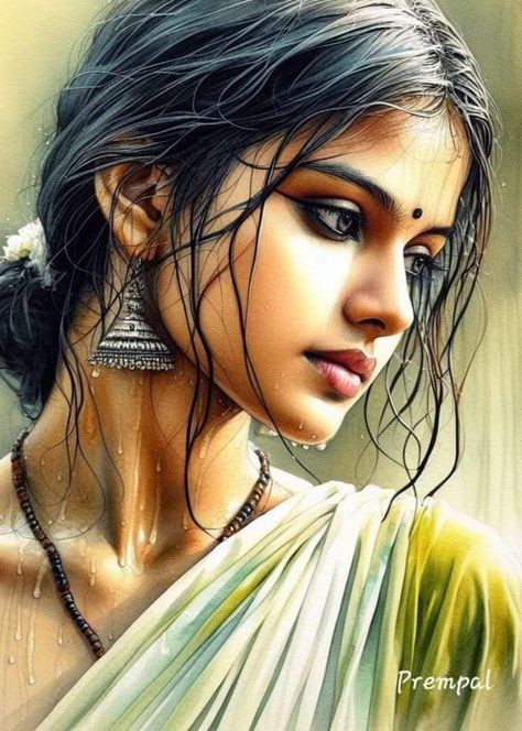 Indian Woman Watercolor, Face Oil Painting, Women Images, Indian Women Painting, Watercolor Paintings Nature, Indian Art Gallery, Art Photography Portrait, Peace Illustration, Beautiful Art Paintings