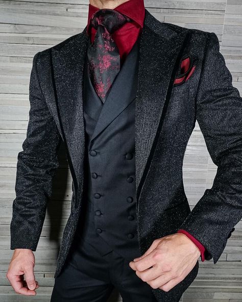 Grooms Tux Ideas, Black And Red Tuxedo, Fancy Suits For Men, Goth Groom, Gothic Groom, Slim Fit Suit Men, Dress Suits For Men, Designer Suits For Men, Men Stylish Dress