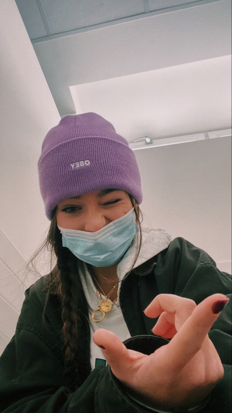 Purple Beanie Outfit, Purple Hat Outfit, Pigtail Beanie, Beanie Outfit Winter, Obey Beanie, Purple Beanie, Beanie Outfit, Purple Hats, Outfits With Hats