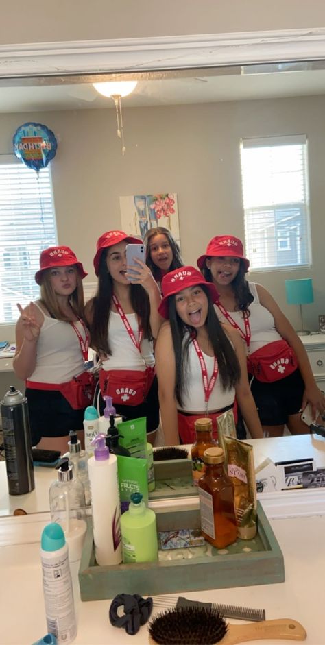 Life Guard Halloween Costumes, Swimming Carnival Costume School, Life Guards Halloween Costumes, Lifeguard Family Costume, Life Gaurd Costume Halloween, Lifeguards Group Costume, Lifeguard And Squints Costume, Duo Halloween Costumes Lifeguards, Quad Halloween Costumes