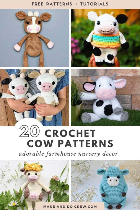 Learn how to crochet amigurumi stuffed animals with this collection of crochet cow patterns curated by Make and Do Crew. From small amigurumi toys to farmhouse nursery decor, even beginners will find a pattern they love. Many of these crochet toy patterns are very beginner-friendly. Visit the blog for these free crochet patterns for cows today. - Crochet Toys Patterns For Stuffed Animals, Cow Patterns, Crocheted Cow Pattern, Amigurumi Cow, Easy Crochet Animals, Crochet Cow, Crochet Animals Free Patterns, Crochet Amigurumi Free Patterns, Crochet Amigurumi Free