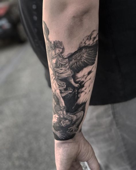 #Tattoos,half sleeve tattoo Angel Arm Sleeve Tattoo, Men’s Back Of Arm Tattoo, Dark Path Tattoo, Cool Forearm Tattoos Men Half Sleeves, Right Arm Tattoo Men Half Sleeves, Lower Half Sleeve Tattoo For Men, Angle Tattoo For Men Forearm, Lower Arm Sleeve Tattoos Men, Deeper Meaning Tattoos