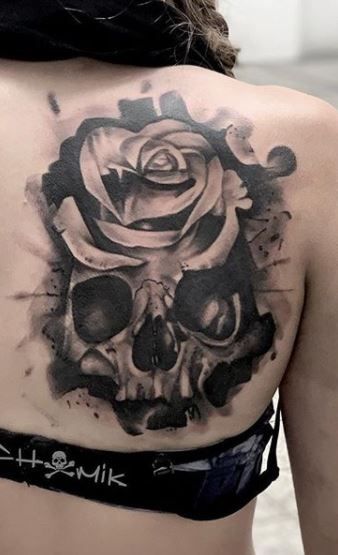 Skull And Spine Tattoo, Skull Back Tattoo Female, Skull Spine Tattoos For Women, Skull Tattoo Cover Up Ideas, Back Spine Tattoo, Skull Flower Shoulder Tattoo, Thigh Tats, Coverup Ideas, Candy Skull Tattoo