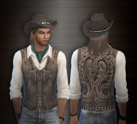 Alial Sim — Top with leather vest and cowboy hat Top: Download... Sims 4 Cc Maxis Match Cowboy, Sims 4 Cowboy Clothes, Cowboy Hat Sims 4 Cc, Ts4 Cowboy Cc, Sims 4 Cc Cowboy Hat, Sims 4 Cowboy Hat, Cowboy Sims 4 Cc, Sims 4 Cowboy Cc, Cowboy Hat Decor