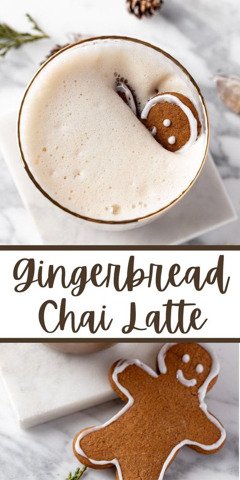 This Gingerbread Chai Latte is a cozy holiday tea latte that tastes like Christmas in a mug. This recipe can be made with chai tea bags or chai concentrate and can easily be turned into a copycat recipe of Starbucks’ Iced Gingerbread Oatmilk Chai Latte. Gingerbread Oatmilk Chai Latte Starbucks, Starbucks Gingerbread Chai, Gingerbread Oatmilk Chai Recipe, Gingerbread Chai Latte Starbucks, Gingerbread Chai Latte, Iced Chai Tea Latte Recipe, Chai Tea Starbucks, Dirty Chai Latte Recipe, Apple Chai Latte