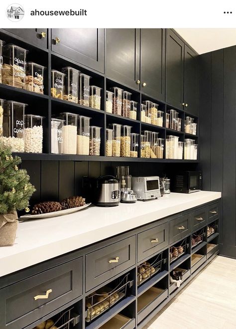 love the color scheme. Love the use of both open face and closed cabinets, love the roll out drawers to store extra potatoes/onions, etc. Kitchen Butlers Pantry, White Pantry, House Pantry, Hidden Pantry, Pantry Room, Pantry Closet, Kitchen Pantry Design, Appliances Kitchen, Butler Pantry