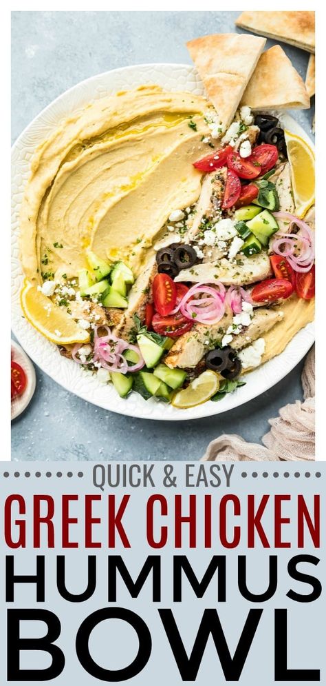 This quick and easy Greek Chicken Loaded Hummus Bowl is packed with protein and colorful veggies!  This meal is a powerhouse of flavor, full of nutritious ingredients and it's perfect for meal preps, hearty lunches or light dinners! #hummus #Greek #chicken #easy #Healthy #recipe via @nospoonn Loaded Hummus, Easy Greek Chicken, Light Dinners, Perfect Grilled Chicken, Hummus Bowl, Healthy Hummus, Hearty Lunch, Spiced Chickpeas, Soy Free Recipes