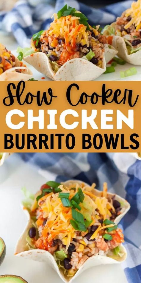 You are going to love this quick Slow Cooker Chicken Burrito Bowl Recipe. This crockpot recipe is easy to put together and taste great. These crock pot chicken burrito bowls are healthy and easy to make in your favorite slow cooker. #eatingonadime #slowcookerrecipes #crockpotrecipes #chickenrecipes #mexicanrecipes Easy Chicken Burrito Bowl Recipe, Slow Cooker Chicken Burrito Bowl, Chicken Burrito Bowl Recipe, Burrito Ingredients, Salsa Chicken Crockpot, Burrito Bowl Recipe, Burrito Bowls Recipe, Chicken Crockpot Recipes Easy, Recipes Air Fryer