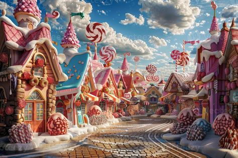 Whimsical candy land village scene with sweet decorations Candyland Images, Candy Forest Illustration, Candy Fantasy Land, Candyland Wallpaper Frame, Candy Land Fantasy Art, Sweet Decoration, Village Scene, Tree Saw, Landscape Background