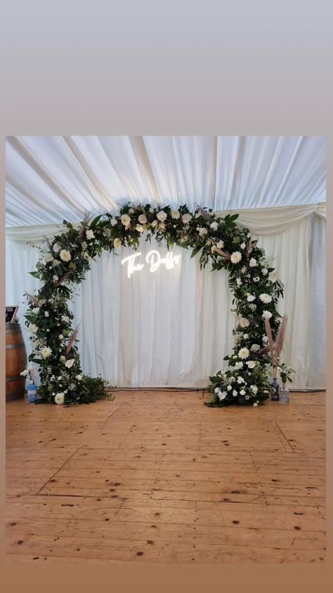 Wedding flower arch: neon sign: wedding flowers: wedding decor: flower design Floral Arch With Neon Sign, Flower Arch With Neon Sign, Arch With Neon Sign, Wedding Flower Arch, Neon Signs Quotes, Flower Arch, Wedding Ceremony Arch, 2025 Wedding, Wedding Arch Flowers