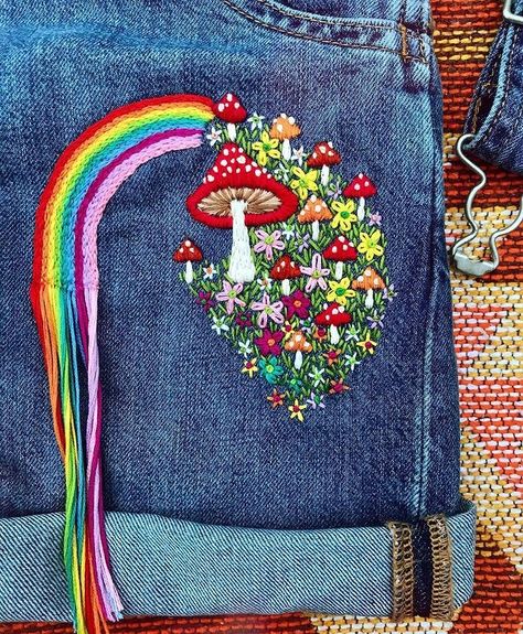 🍄🌈🍄mini mushroom dreamland✨ hand embroidered dead overalls coming soon 🌱 . . . #handembroidery #embroidery #mushrooms #fungi | Instagram Hand Embroidered Mushroom, Embroidery Mushrooms, Funky Embroidery, Embroidered Mushrooms, Mushroom Embroidery, Mini Mushroom, Crochet Xmas, Project Inspiration, Embroidery Craft