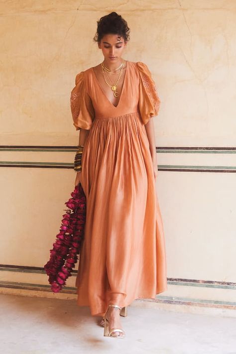 Rusting orange pleated maxi dress with tonal floral embroidery on the sleeves. - Aza Fashions Peach Floral Dress, Paulmi And Harsh, Placement Embroidery, Classy Dresses, Maxi Dress For Women, Embroidery Floral, Classy Work Outfits, Dress Inspo, Pleated Maxi Dress