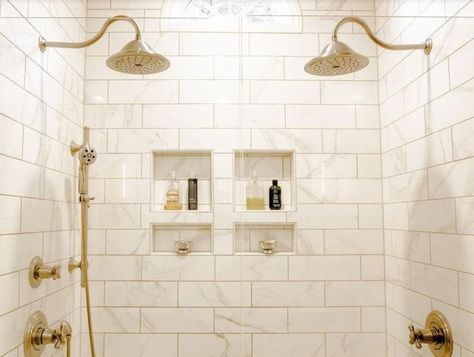 Bathroom Ideas 2 Shower Heads, Shower Remodel Gold Fixtures, Double Shower Niche Ideas, Double Shower Niche, Niche Shelving, Double Shower Head Master Baths, Double Shower Head, Exposed Plumbing, Double Shower Heads