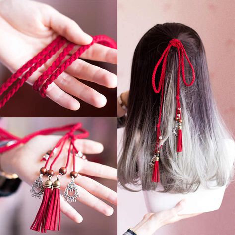 Hanfu Hair, Rope Tassel, Ancient Costume, Ladies Hair, Chinese Hair Accessories, Red Rope, Chinese Hairstyle, Red Head, Hair Reference