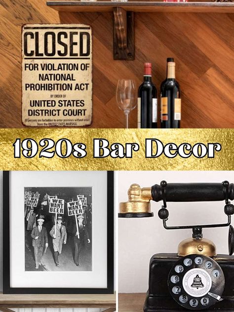 Cool 1920s Bar Decor To Transform Your Space - PinkPopDesign Speakeasy Room Decor, Prohibition Bar 1920s, Gatsby Bar Design, Speakeasy Table Decor, 1920s Bar Aesthetic, 1920s Aesthetic Decor, Speak Easy Party Decor, Speakeasy Fundraiser, 1920 Home Decor Interior Design