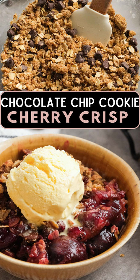 This Chocolate Cherry Crisp is the ultimate summer treat! Fresh cherries are topped with a chocolate chip oatmeal cookie crumb topping! Fruit Crisps And Cobblers, Cherry Crisp Recipe, Chocolate Crisp, Cherry Crisp, Fruit Crisp, Oatmeal Cookie, Crisp Recipe, Oatmeal Chocolate Chip Cookies, Fresh Cherries