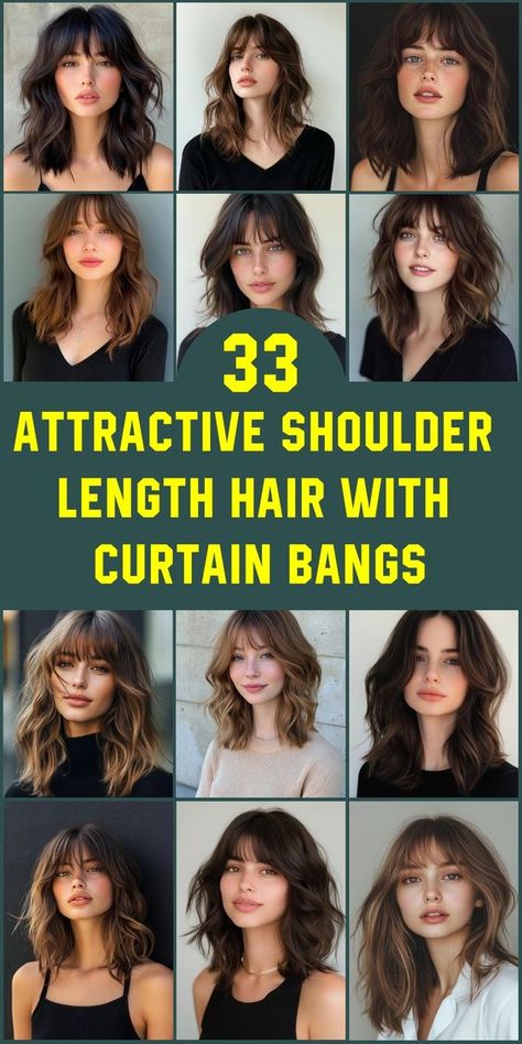 Elevate your style with 33 gorgeous shoulder length haircuts featuring trendy curtain bangs. These effortlessly cool styles combine the convenience of medium-length hair with the face-framing magic of sweeping bangs. From textured lobs to sleek bobs, find the perfect cut to complement your face shape and express your unique personality. Embrace a fresh, fabulous look! Lobs With Curtain Bangs, Bangs For Shoulder Length Hair, Curtain Bangs With Shoulder Length Hair, Shoulder Length With Curtain Bangs, Wavy Lob With Bangs, Medium Length Hair With Curtain Bangs, Curtain Bangs Medium Length Hair, Shoulder Length Hair With Curtain Bangs, Textured Lobs