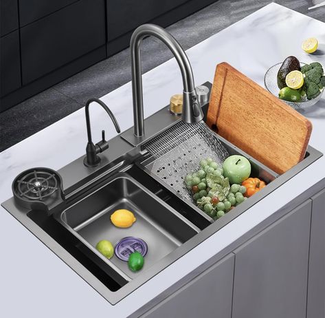 Black nano workstation sink: Luxury and convenient! Undercounter Sink, Kitchen Sink Lighting, Waterfall Sink, Waterfall Kitchen, Workstation Sink, Faucet Extender, Sliding Tracks, Stainless Sink, Pull Out Faucet