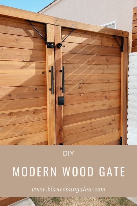 DIY: Modern Wood Gate, How to build your own modern gate.  Blanco Bungalow Fence Ideas Gate, Diy Fences And Gates, Backyard Double Gate, How To Build Gate For Fence, Building A Wood Fence, Diy Wooden Fence Gate, Horizontal Wood Fence With Gate, Cedar Fence Gate Ideas, Privacy Fence Gates Ideas