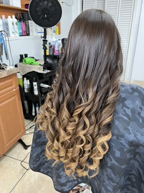 Perm For Thick Long Hair, Large Spiral Perm, Multi Textured Perm Long Hair, Long Brown Curly Hair Extensions, Extremely Long Curly Hair, Blonde Ends, Birthday Hair, Dark Roots, Curly Girl Hairstyles