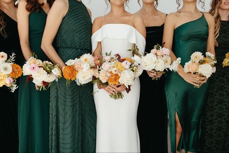 Emerald Green Bridesmaid Dresses With Colorful Flowers, Green Mix And Match Bridesmaid Dresses, Green Bridesmaid Dresses Beach, Bridesmaid Dresses Emerald Green, Bridesmaid Dresses Colorful, Bridesmaid Dresses Emerald, Unique Bridesmaid Dress, Mismatched Dresses, Mix Match Bridesmaids