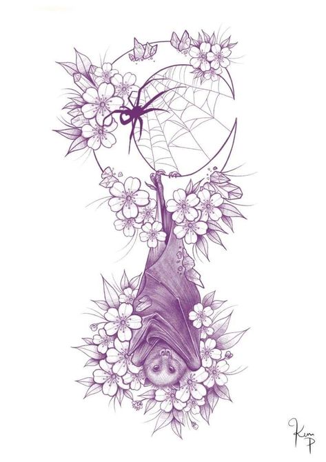 Bat Tattoo Design, Bats Tattoo Design, Halloween Tattoos Sleeve, Flowers And Crystals, Bat Flower, Moon Flowers, Goth Tattoo, Bat Art, Bat Tattoo