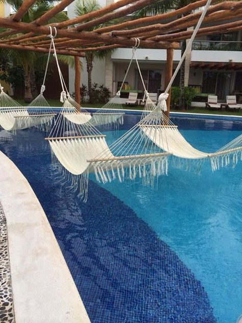 Interesting idea.., hammock over pool Pool With Hammock, Hammock Over Pool, Swings Over Pool, Hammock Ideas, Pool Seating, Pool Resort, Inside Pool, Cool Swimming Pools, Small Pool Design