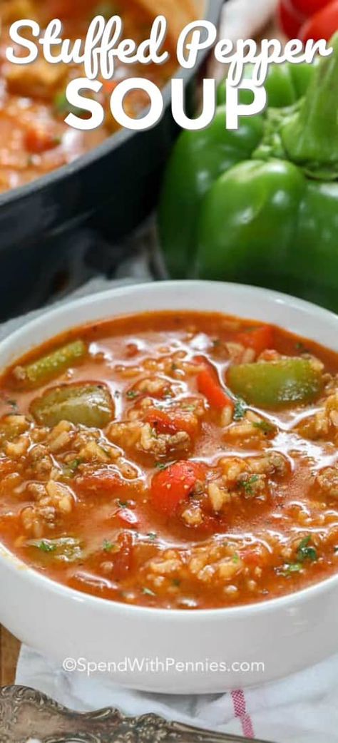 Stuffed Pepper Soup is easy to make with ground beef, sausage, green and red bell peppers and rice. It freezes well and reheats beautifully! #spendwithpennies #stuffedpeppers #stuffedpeppersoup #stuffedgreenpeppersoup #bellpeppersoup #beefandrice Peppers And Rice, Stuffed Bell Peppers Ground Beef, Green Pepper Soup, Make With Ground Beef, Bell Pepper Soup, Bell Pepper Recipes, Red Bell Peppers, Stuffed Pepper, Pepper Soup