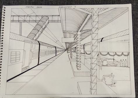 Railway Station In One Point Perspective, One Point Perspective Railway Station, Railway Station Memory Drawing, Railway Station Drawing In Perspective, Railway Station Drawing Sketch, Railway Station Sketch, Perspective Landscape Drawing, Railway Station Drawing, 1 Point Perspective Drawing