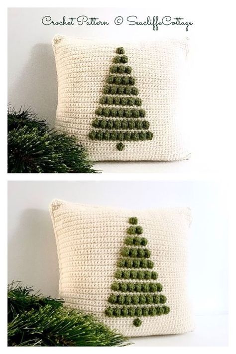 Christmas Pine Tree Cushion Crochet Pattern Tree Granny Square Crochet, Peppermint Pillow Crochet Pattern, Embroidery And Crochet, Christmas Tree Pillow Crochet Pattern Free, Crochet Christmas Pillow Cover, Quick Crochet Throw, Crochet Christmas Pillows, Christmas Crochet Pillow, Crochet Christmas Pillow