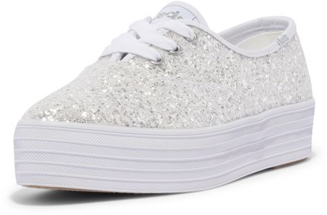 PRICES MAY VARY. Glitter upper Lace-up platform sneaker Pointed toe Soft, breathable twill lining 10% recycled PU foam Softerra footbed Bride Tennis Shoes, Wedding Sneakers, Point Lace, Platform Sneaker, White Glitter, Keds, Tennis Shoes, Mother Of The Bride, The Bride