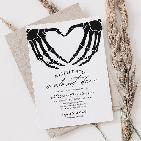 $2.92 | A Little Boo Is Due Halloween Baby Shower | Halloween Birthday Invitations | a little boo, is almost due, halloween baby shower, gothic baby shower, skull baby shower, skeleton hands, black and white, dark elegant spooky, skeleton heart, gender neutral Hands Black And White, Little Boo Is Almost Due, Gothic Baby, Halloween Birthday Invitations, Celebrating Life, Twins Baby Shower, Halloween Baby, Invite Friends, Baby Shower Invites