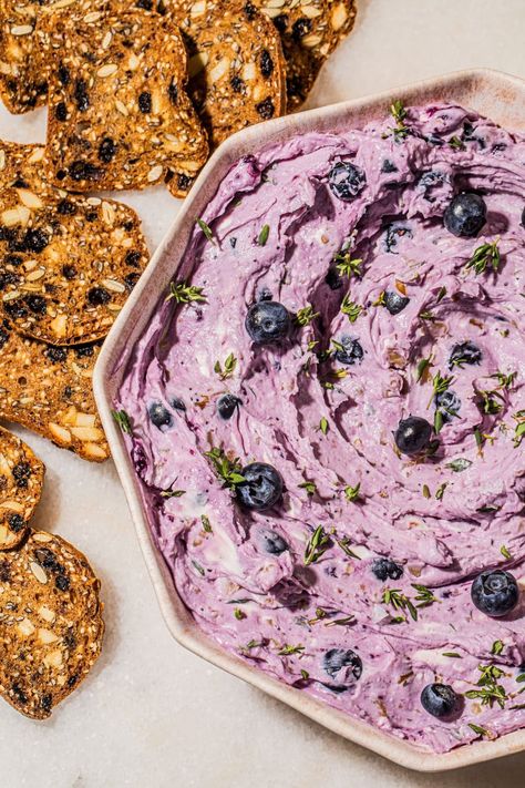 Charcuterie Centerpiece, Purple Party Foods, Goat Cheese Dip Recipes, Blueberry Goat Cheese, Spring Appetizers, Goat Cheese Dip, Sweet Appetizer, Cheese Dip Recipes, Hot Appetizers