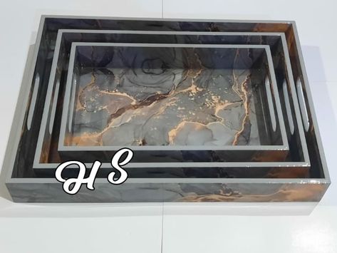 TRAY SET OF 3 PCS HIGH QUALITY MDF WOOD WITH EPOXY RESIN FINISH. SIZE : 16/10 14/8 12/6 PRICE : 1800./#$⁰⁰sd12 SHP EXTRA. EXPORT QUALITY PRODUCT. Wood With Epoxy, Resin Crafts Tutorial, Platter Set, Resin Design, Tray Set, Mdf Wood, Resin Crafts, Resin Art, Epoxy Resin