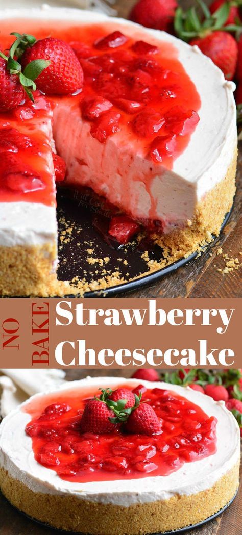 NO BAKE Strawberry Cheesecake recipe - Beautiful, silky soft, no bake cheesecake made with homemade strawberry filling throughout. #cheesecake #NoBake #dessert #strawberry Strawberry Cheesecake Recipe Easy, Homemade Strawberry Filling, Bake Meals, Nobake Dessert, No Bake Strawberry Cheesecake, No Bake Cheesecake Filling, Dessert Strawberry, Strawberry Cheesecake Recipe, Dessert Oreo